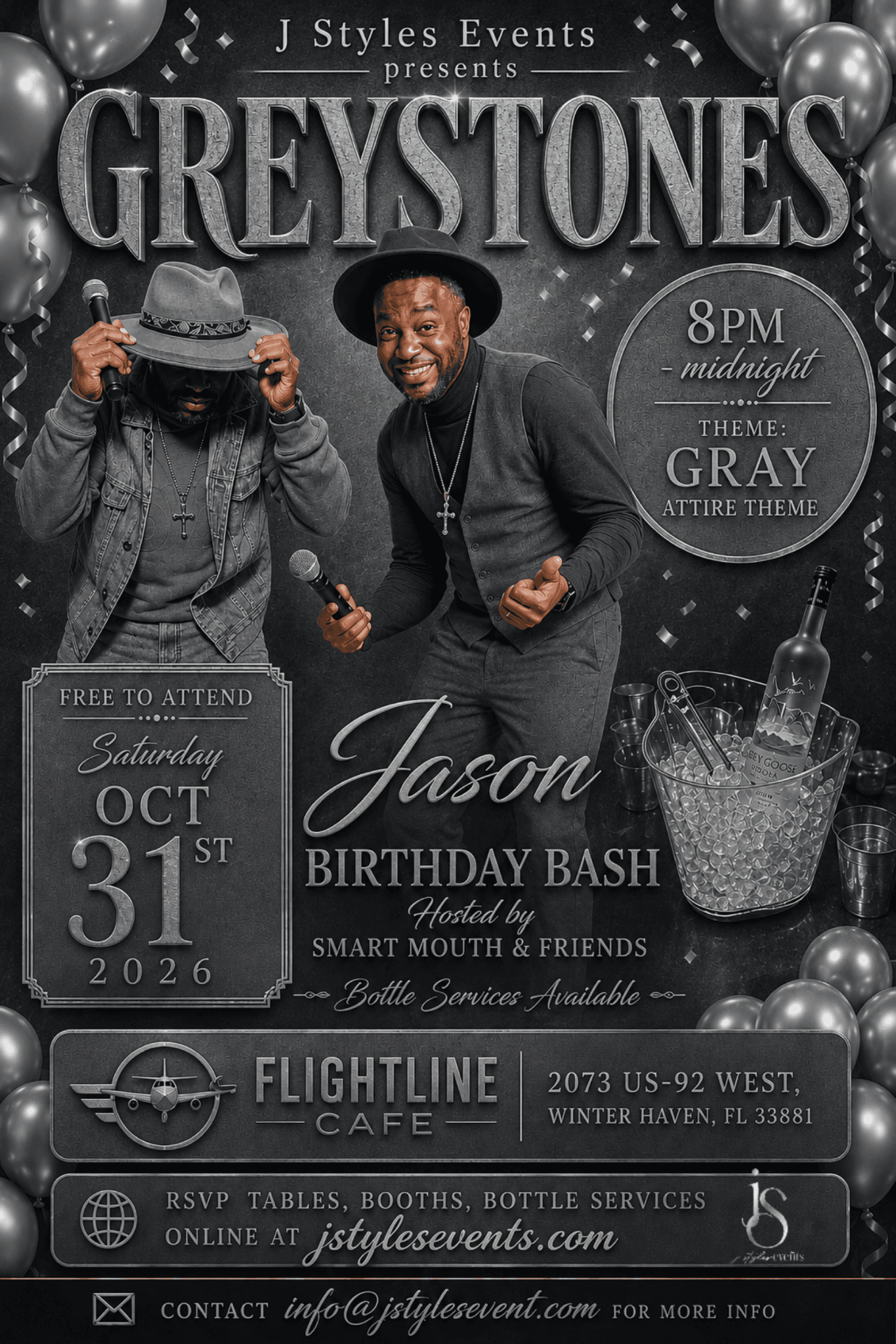 Greystones — Jason Birthday Bash flyer, October 31, 2026 at Flightline Cafe